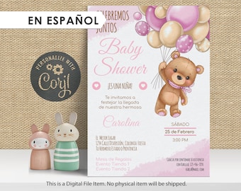 Teddy Bear Baby Shower Invitation: Spanish, Girl, Balloons (Digital Download)