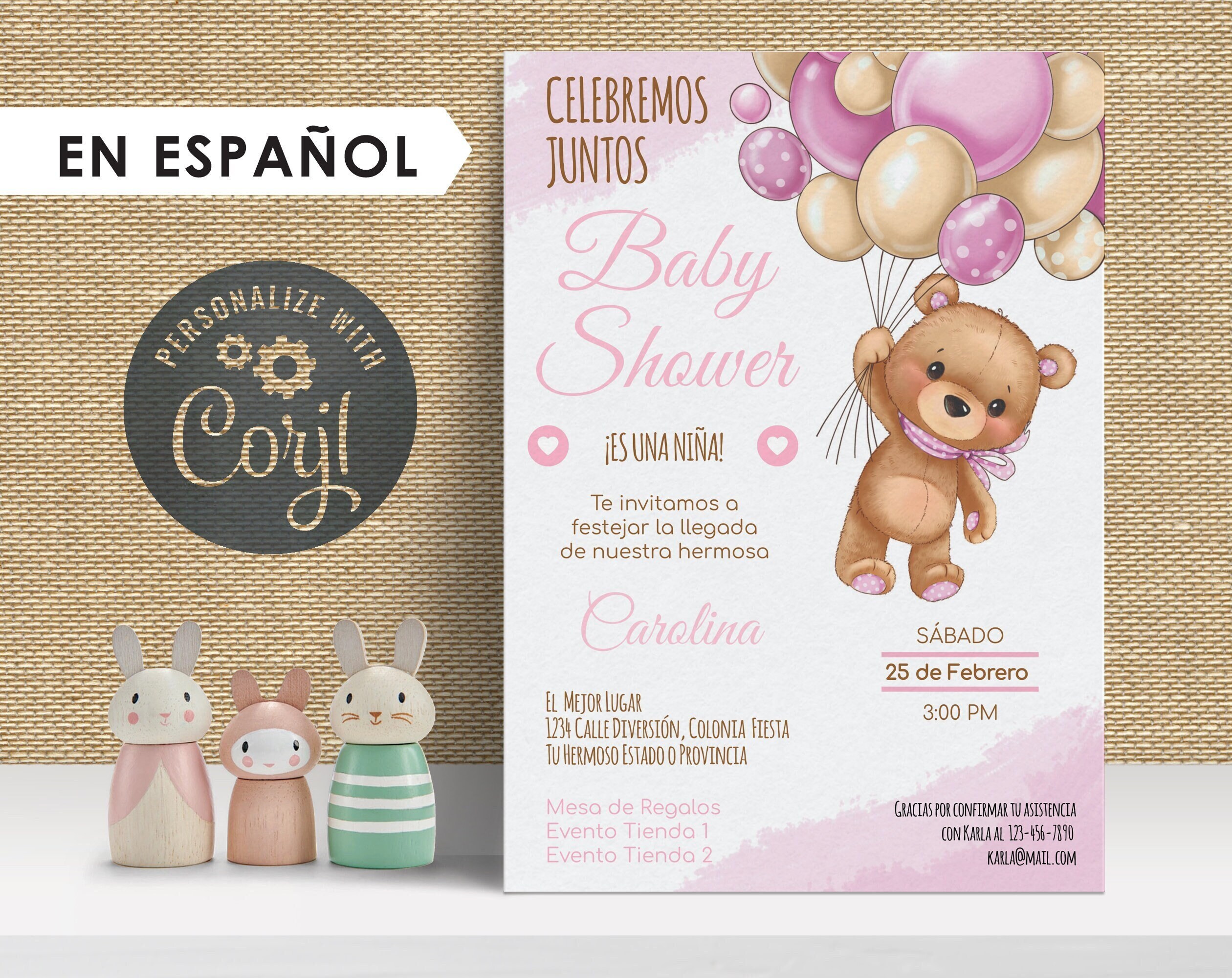 鍔 Nido ella es Baby Shower Invitation in Español Girl Teddy Bear Themed - Etsy
