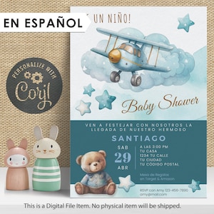 Baby Shower Invitation in Español | Baby Boy Plane Themed Spanish Baby Shower Invite | Printable Up and Away Baby Shower | Es niño.