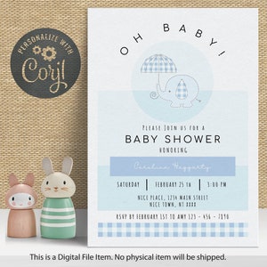 Baby Shower Invitation Boy Elephant | DIGITAL DOWNLOAD |  Boy Baby Shower | Baby Elephant Editable Invitation
