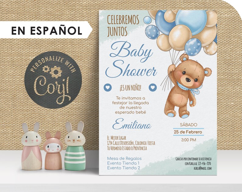 Baby Shower Invitation in Español Boy Teddy Bear Theme Etsy