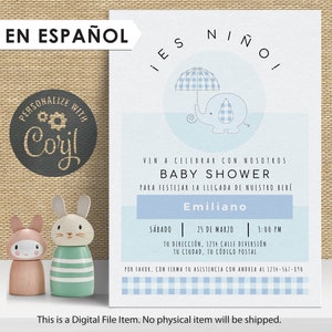 Spanish Baby Shower Invitation | Boy Baby Elephant Theme | Baby Shower Invite in español | Printable  Blue Elephant Baby Shower | Es niño