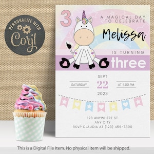 3rd Birthday Unicorn Invitation  | INSTANT DOWNLOAD | 3 years Invitation Template | Rainbow Unicorn Party Editable Printable Invite