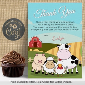 Farm Birthday Thank You Card | Farm Animals Thank You Note | Barnyard Birthday Party | Instant Download Digital Printable Template