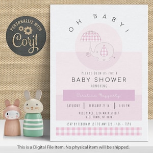 Baby Shower Invitation Girl Elephant | Editable Elephant Invitation | Pink Girl Baby Shower | Instant Download Template