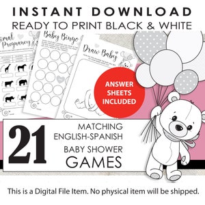 Baby Shower BILINGUAL Games Spanish-English Black and White Printable Shower Games Juegos para baby shower
