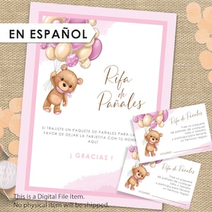 Spanish Diaper Raffle Sign and Diaper Raffle invitation Insert|Teddy Bear Baby Shower Girl in Español|Printable Bear with Balloons | Es niña