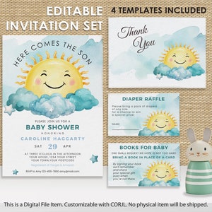 Here Comes the Son Baby Shower Invitation Set | Sun Themed Baby Shower | Books for Baby | Diaper Raffle |  DIGITAL DOWNLOAD