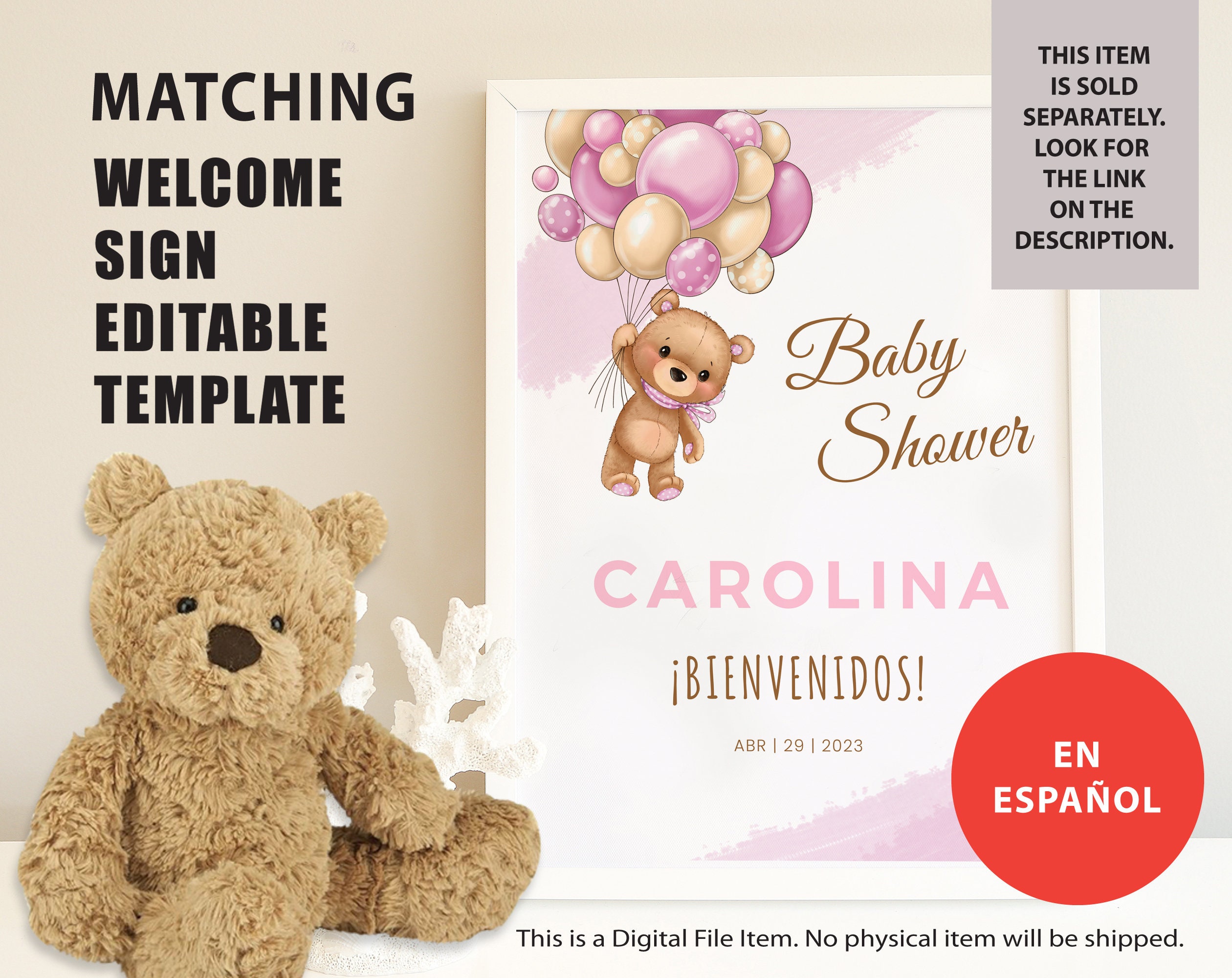 Baby Shower in Spanish Cupcake Toppers Girl Teddy Bear With Balloons