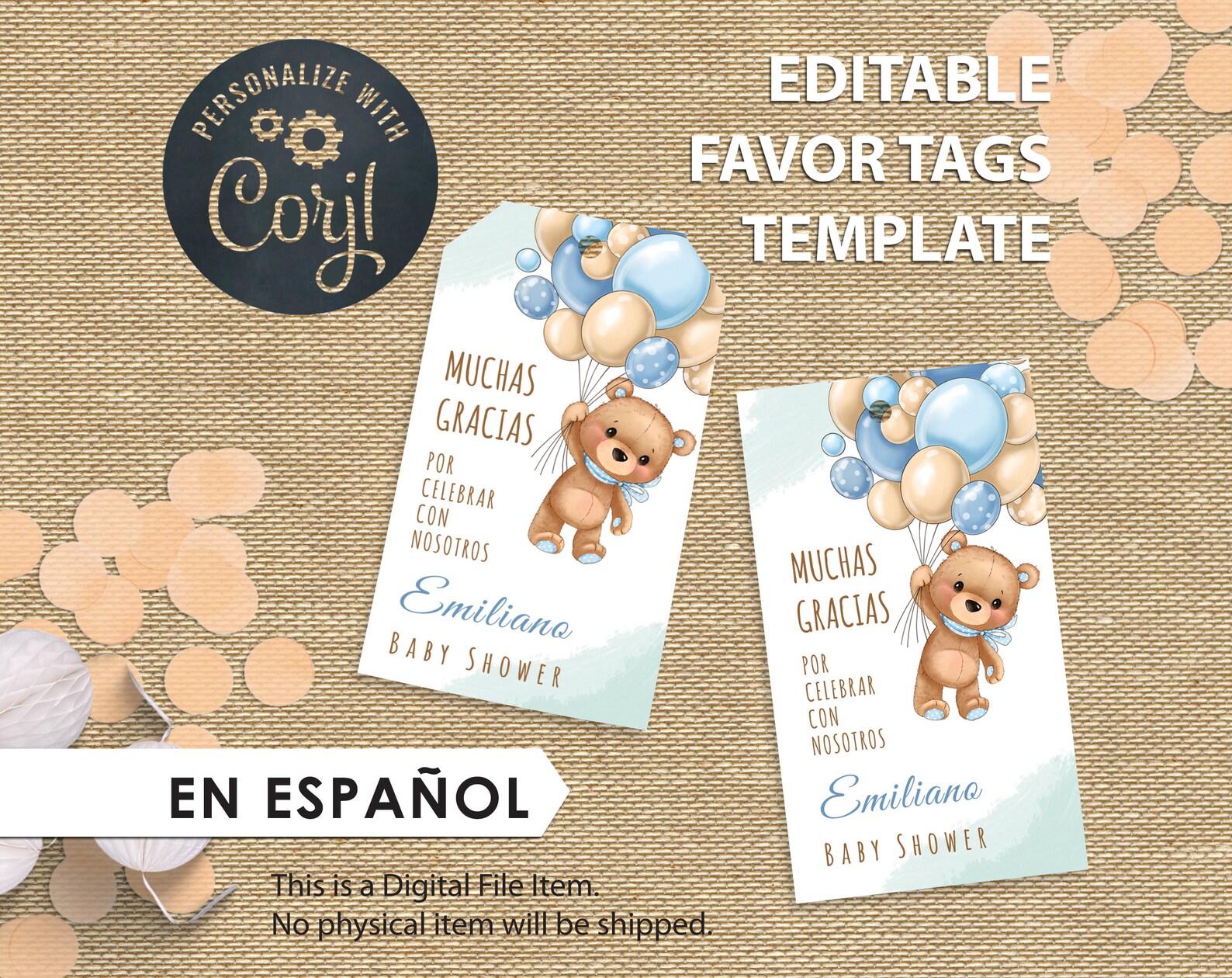 Baby Shower Thank You Tags in Español boy Teddy Bear Theme Spanish Baby