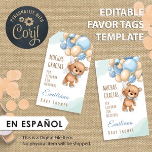 Thank You Tags Baby Shower in Spanish – Boy Teddy Bear Theme – Etiquetas de Agradecimiento Baby Shower Niño – Printable