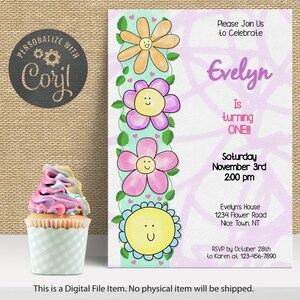 Flowers 1st Birthday Invitation| Instant Download | Baby First Birthday | Baby Girl Party | Edit with CORJL/Digital Invitation/0007-BD