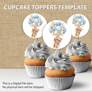Toppers cupcake per baby shower ragazzo/orsacchiotto con palloncini/Baby Shower per ragazzo/toppers cupcake stampabili/download istantaneo