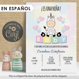Spanish Baby Shower Invitation | Unicorn Baby Shower Invite Girl | Baby Shower in español | Printable Unicorn Baby Shower | Es niña