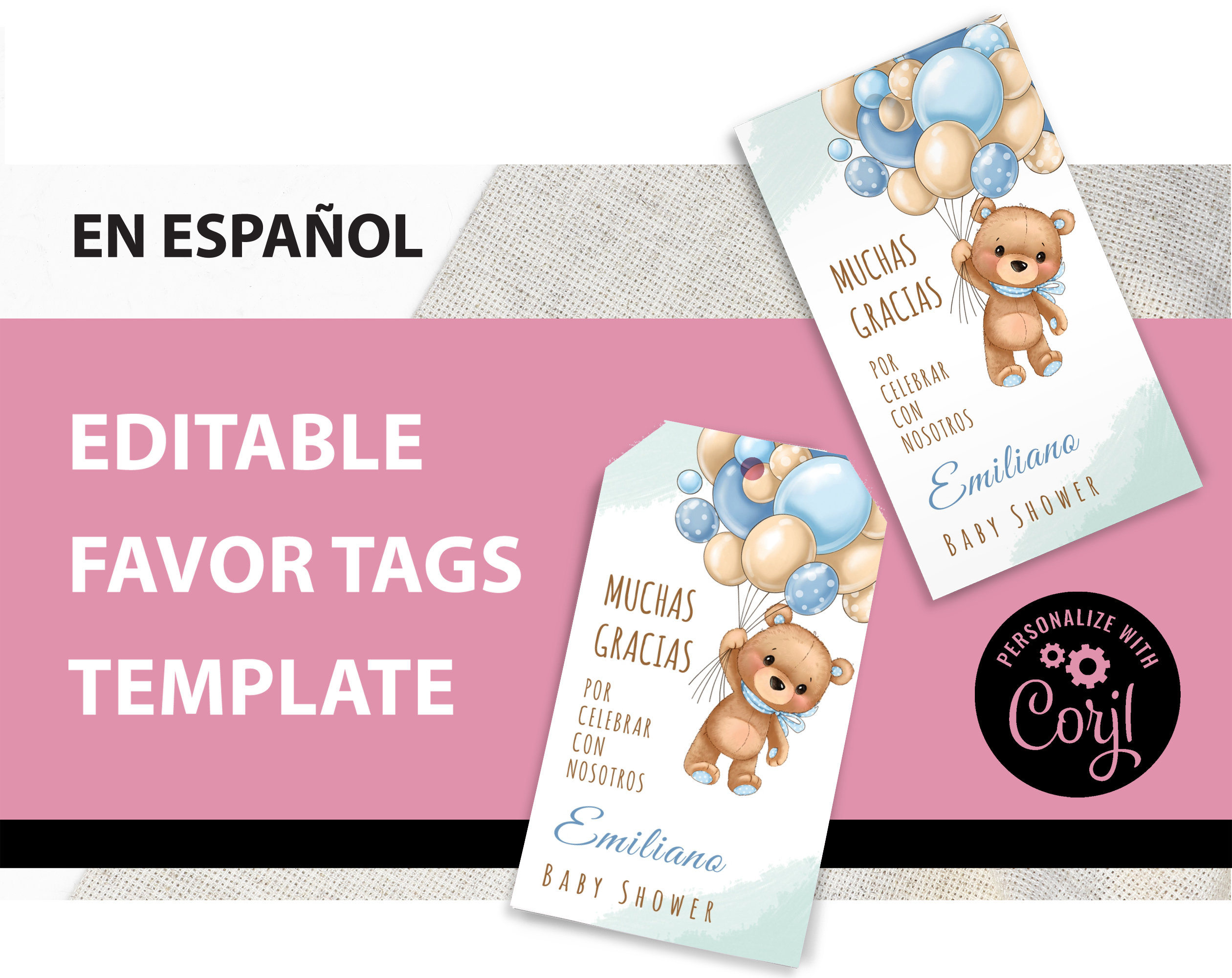 Baby Shower Thank You Tags in Español boy Teddy Bear Theme Etsy