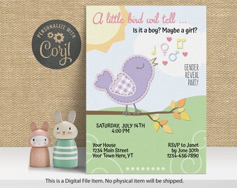 Gender Reveal Invitation Little Bird . Editable Sweet Baby Shower Invite. Instant Download. Baby shower Invitation Template.