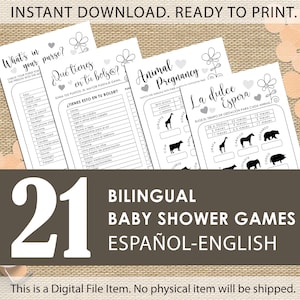 May include: A set of 21 bilingual baby shower games in Spanish and English. The games include "What's in your purse?", "&iquest;Que tienes en tu bolso?", "Animal Pregnancy", and "La dulce espera".