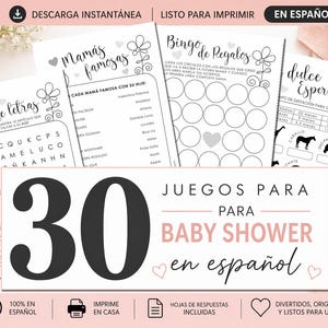 Puede incluir: Juegos imprimibles para baby shower en español. Incluye sopa de letras, bingo y un juego sobre la gestación. El título "30 Juegos Para Baby Shower en Español" se muestra en la parte inferior.