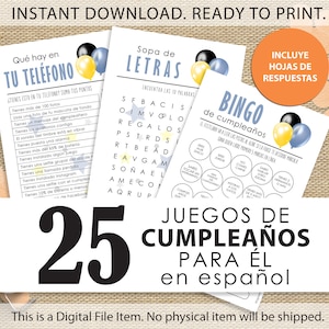 Spaanse verjaardagsfeestjespellen voor hem | Juegos Fiesta de Cumpleaños en Español | Direct downloaden | Afdrukbare spellen