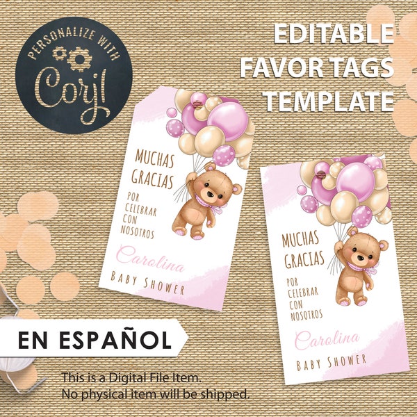 Baby Shower Thank You Tags in español |Girl Teddy Bear Theme Spanish Baby Shower Favor Tags|Printable Bear with Balloons Baby Shower|Es niña