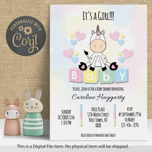 Baby Shower Invitation Unicorn Rainbow/Instant Download/Baby Unicorn/Pink Baby shower/Girl Baby Shower/CORJL Edit/Digital Invitation
