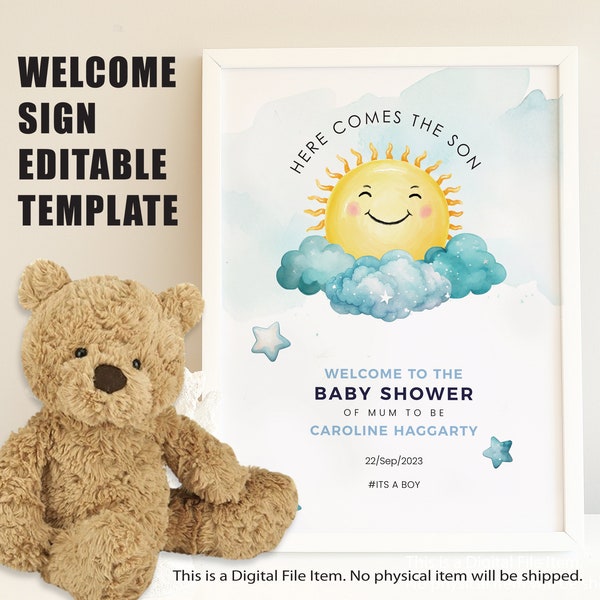 Here Comes the Son Baby Shower Welcome Sign  | Editable Boy Baby Shower Sign | Instant Download | Shower Welcome Poster