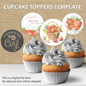 Berry First Birthday Cupcake Toppers | Strawberry Editable Cupcake Decor | Berry Sweet Birthday Decoration | Digital Instant Download