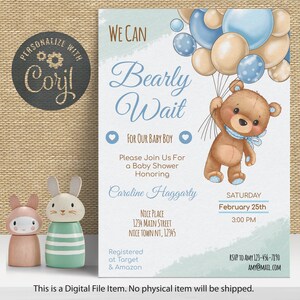 We Can Bearly Wait Baby Shower Invitation Boy | INSTANT DOWNLOAD TEMPLATE | Teddy Bear Hot Air Balloon Bear Theme Baby Shower