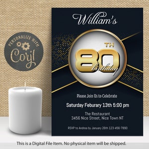 80th Birthday Invitation Digital Download | 80th Birthday Party | Adult Birthday | Edit with CORJL | Digital Invitation