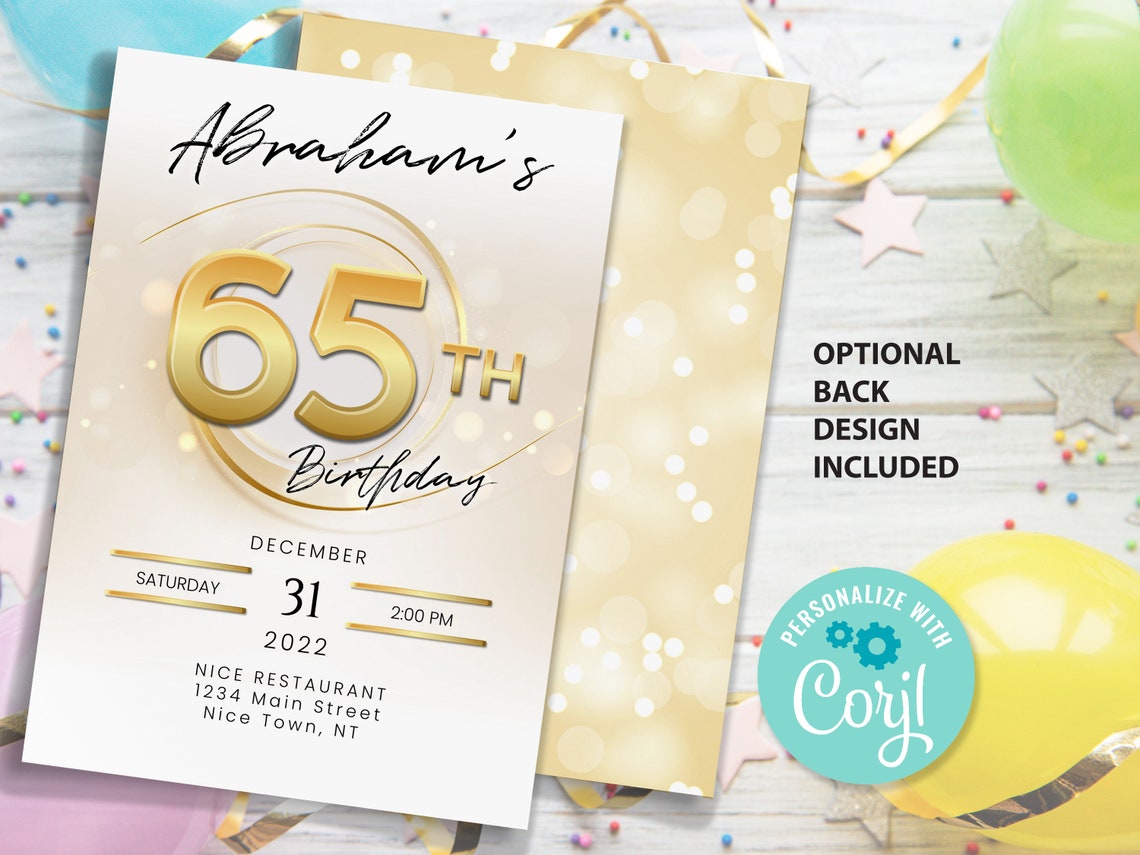 Gold 65th Birthday Invitation Digital Download Editable Digital Gold ...