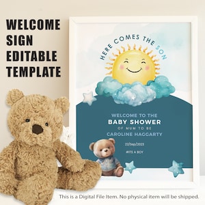 Here Comes the Son Baby Shower Welcome Sign  | Editable Boy Baby Shower Sign | Instant Download | Welcome Poster