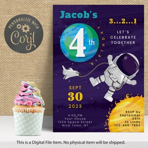 Outer Space 4th Birthday Invitation: Rocket, Astronaut (Instant Download)