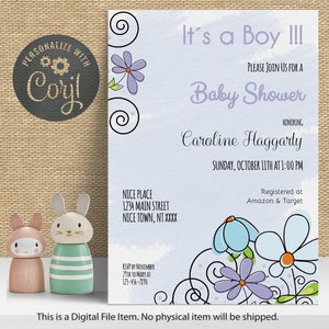 Baby Shower Invitation Boy Blue Floral Chic. Editable Modern Baby Boy Blue Flowers Invite. Instant Download.