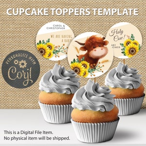 Highland Cow Baby Shower Cupcake Toppers | Holy Cow Baby Shower | Gender Neutral Highland Cow Baby Shower Decorations | Editable Template