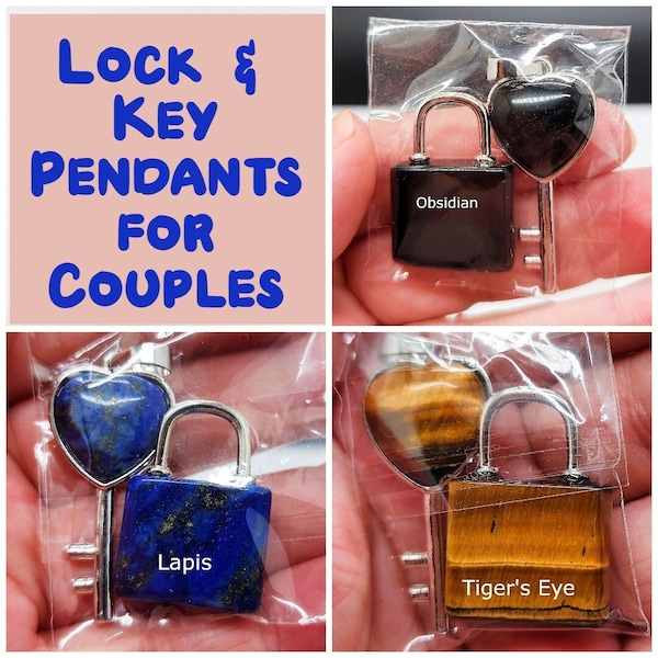Crystal Lock and Heart Key Pendants for Couples - Obsidian, Lapis, Tiger Eye - Relationship Jewelry Set - Love & Commitment Gifts