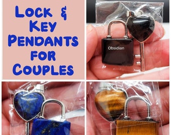 Crystal Lock and Heart Key Pendants for Couples - Obsidian, Lapis, Tiger Eye - Relationship Jewelry Set - Love & Commitment Gifts
