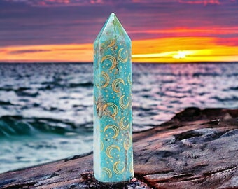Amazonite & Smoky Quartz Point with Moon and Stars Gold Design - Celestial Crystal Decor - 75g