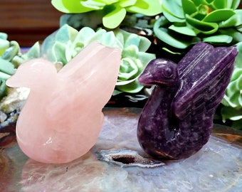 Natural Crystal Swan Carvings - Rose Quartz & Lepidolite - Healing Crystal Decor - Spiritual Bird Sculptures - Crystal Gifts