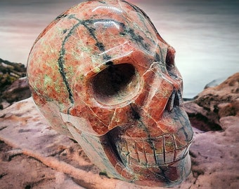 Rhodonite Skull Crystal - Unique Handcarved Crystal Skull for Healing and Display