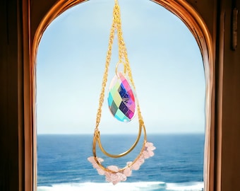 Rose Quartz Moon and Prism Suncatcher - Crystal Gifts - Healing Crystals - Car Hanger - Car Pendant - Home Decoration
