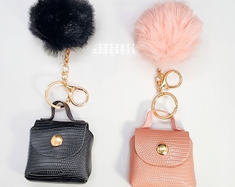 Stylish Snap Closure Bag with Fluffy Pom Pom Keychain - Chic PU Leather Keychain - Black and Pink Options - Trendy and Practical Accessory