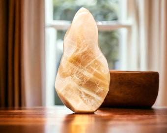 Elegant Peach Moonstone Flame Carving - Reiki Charged Home Decor