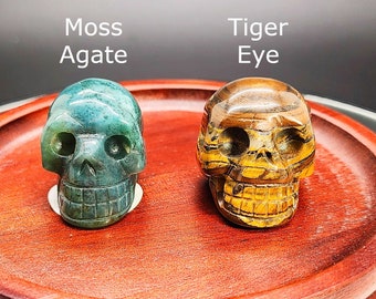 Small Crystal Skulls - Moss Agate and Tiger Eye Carvings, Reiki Cleansed, Miniature Sculptures, Crystal Healing Decor, Unique Gifts