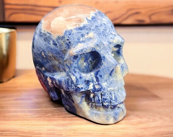 Sunset Sodalite Crystal Skull - Reiki Charged Sculpture 561g - Vibrant Blue and Orange Hues, Crystal Healing, Unique Decor, Collector's Item
