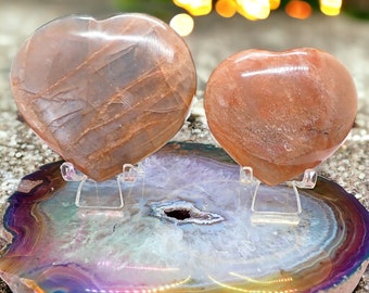 Beautiful Moonstone & Sunstone Heart Carvings - Sparkling Gemstone Hearts - Healing Crystal Decor - Choice of Sizes