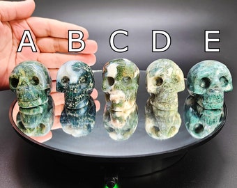 Small Moss Agate Crystal Skulls - Unique Selection, Various Sizes and Patterns, Crystal Healing Decor, Collectible Sculptures