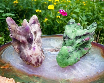 Beautiful Natural Crystal Dragon Head Carvings - Chevron Amethyst & Ruby Zoisite - Metaphysical Sculptures - Healing Crystal Decor