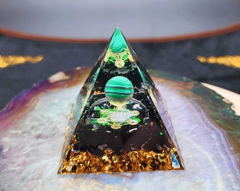 Beautiful Black and Green Malachite Orgone Pyramid - Healing Energy Decor