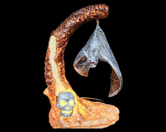 Spooky Hanging Bat Lamp with Skull Tree - Halloween Decor and Eerie Lighting