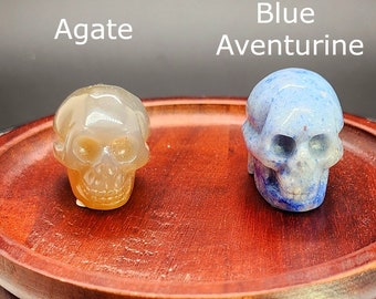 Crystal Alien Skull Carvings - Choose Blue Aventurine or Agate, Reiki Cleansed, Miniature  Sculptures, Cosmic Decor, Unique Gifts